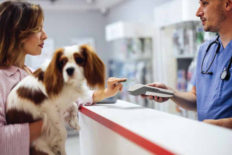 Pet owner paying at a veterinary practice.
