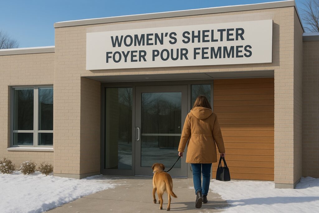 A woman walks toward the door with a dog on a leash, carrying a small bag.