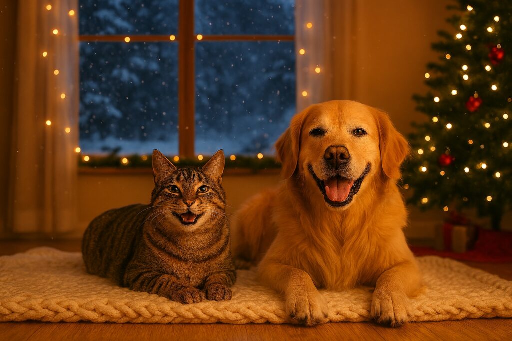 cat and dog lying on a blanket