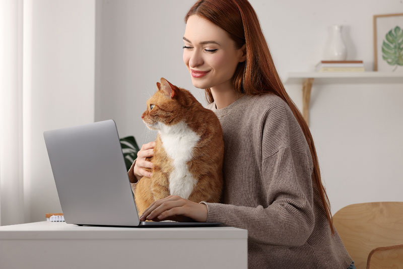 woman sits with cat while on a laptop